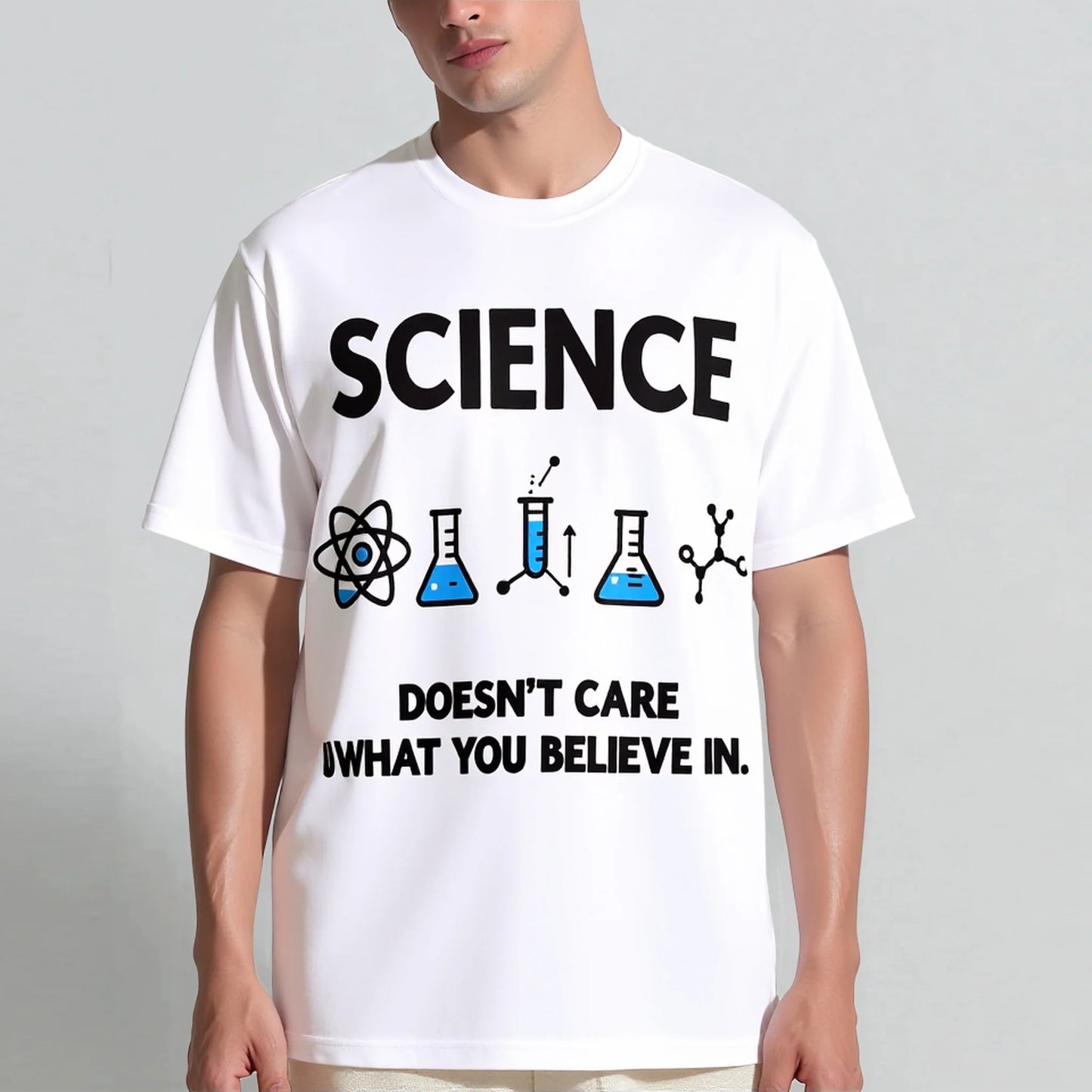 White T-Shirt with Science Symbols and Text Science Doesn't Care What You Believe In for Casual Wear Graphic Tees Boutique