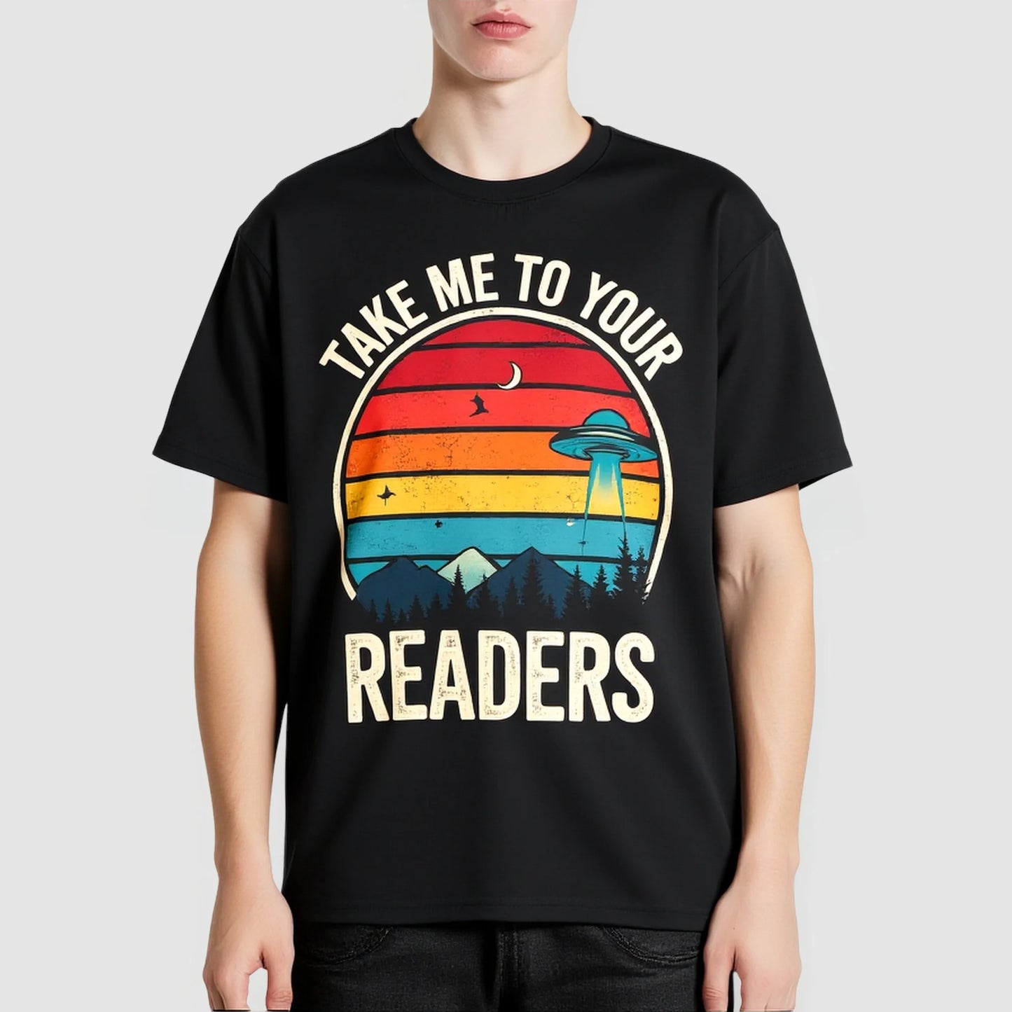 Black T-Shirt UFO Sunset Scene Take Me To Your Readers Print for Casual Wear Graphic Tees Boutique
