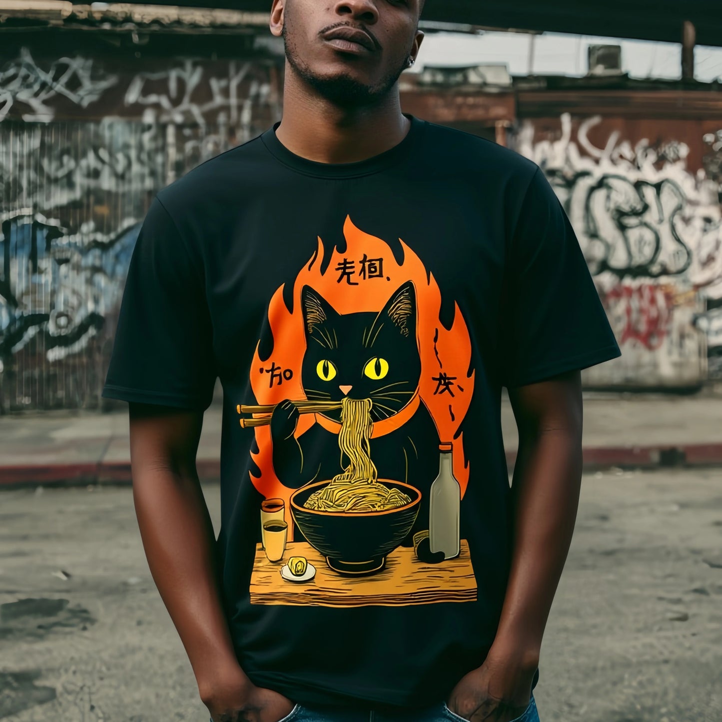 Streetwear Printed Graphic Tee Men's T Shirt Cute Cat Eating Noodles with Chopsticks Print Casual Streetwear Graphic Tee for Daily Wear Cotton Clothes For Men