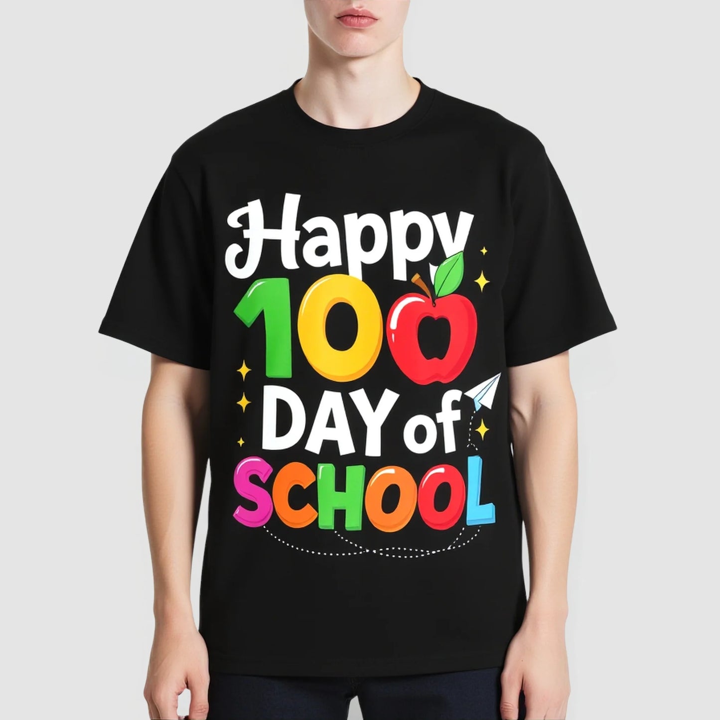 Black T-Shirt with Colorful Happy 100th Day of School Print for Kids' School Events Trendy Tees For Men