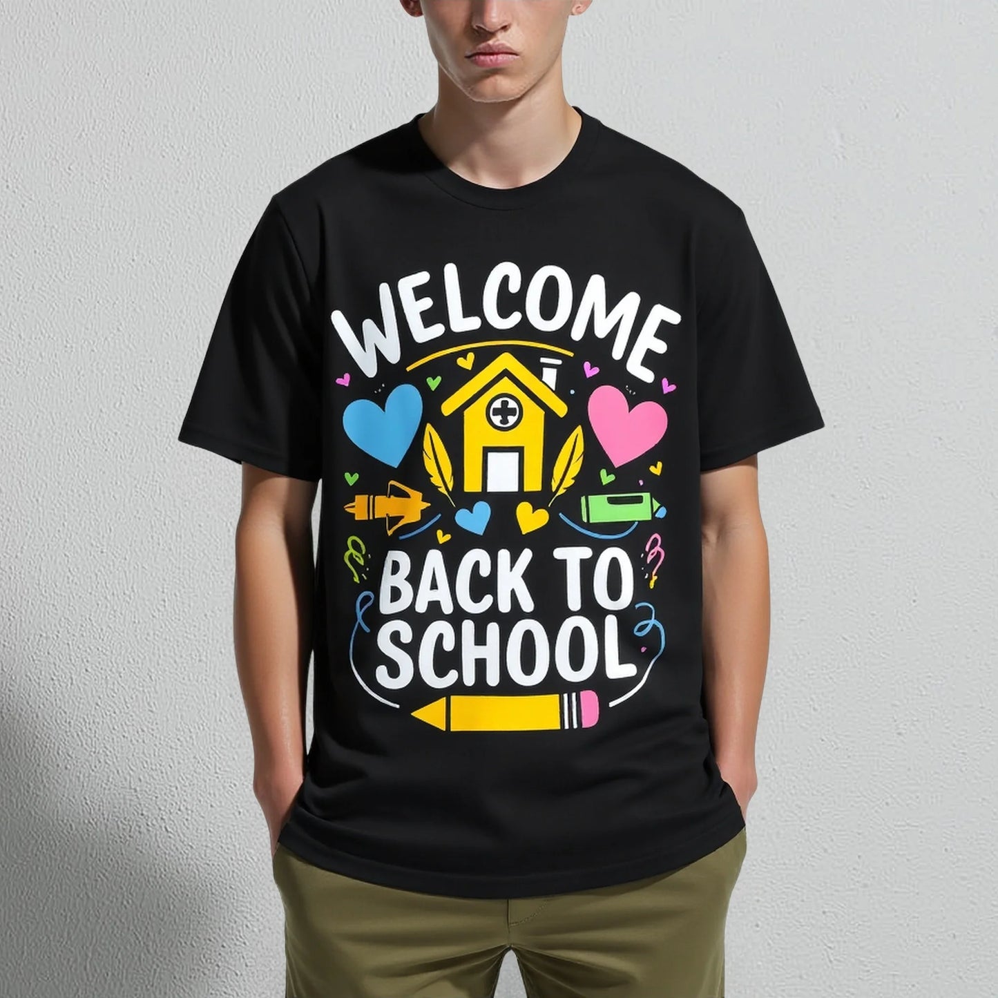 Black T-Shirt with Colorful School Theme Print Welcome Back to School for Kids and Students Trendy Tees For Men