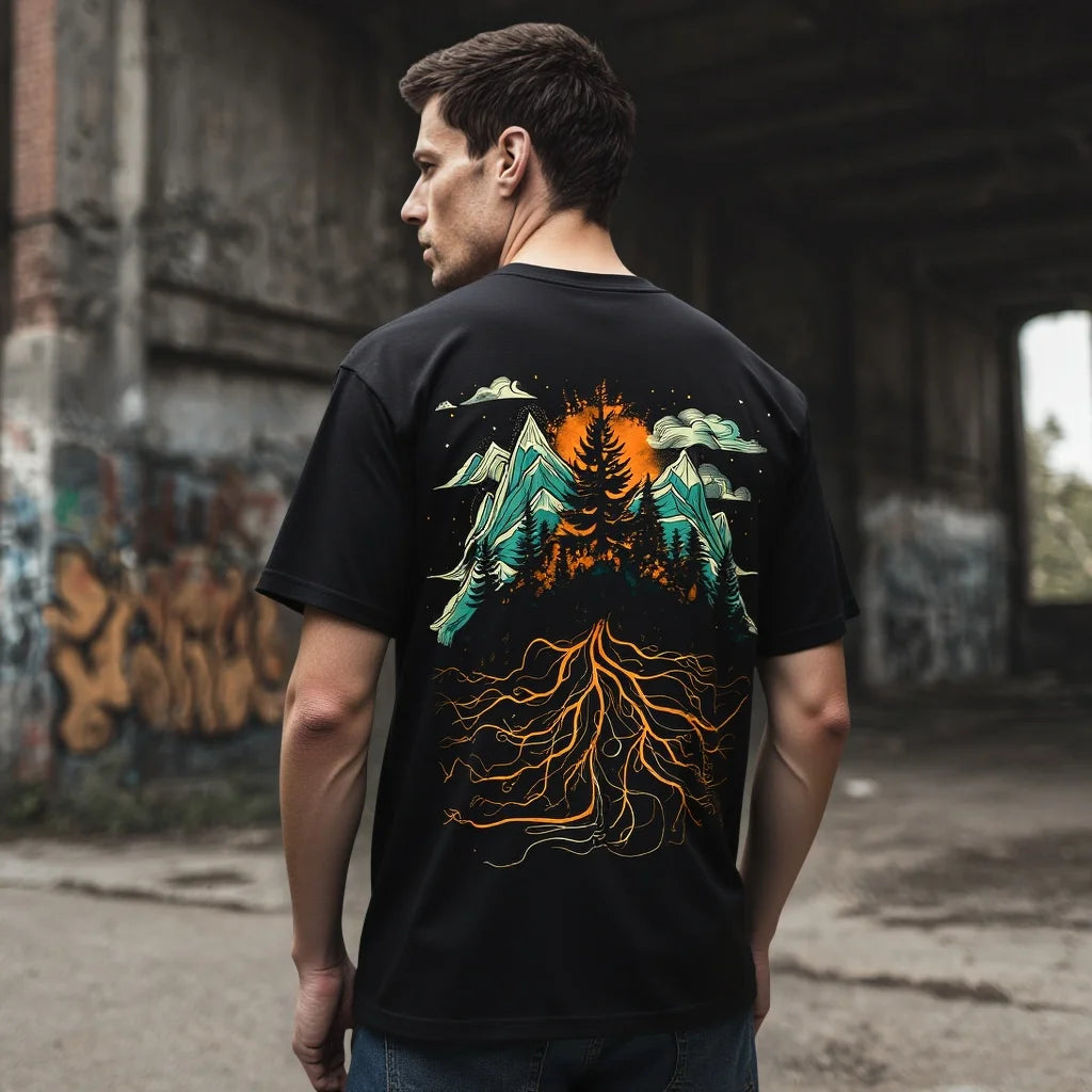 Men's Short Sleeve T Shirt Forest Mountain Tree Roots Print Casual Outdoor Wear Trendy Graphic Tee 2025