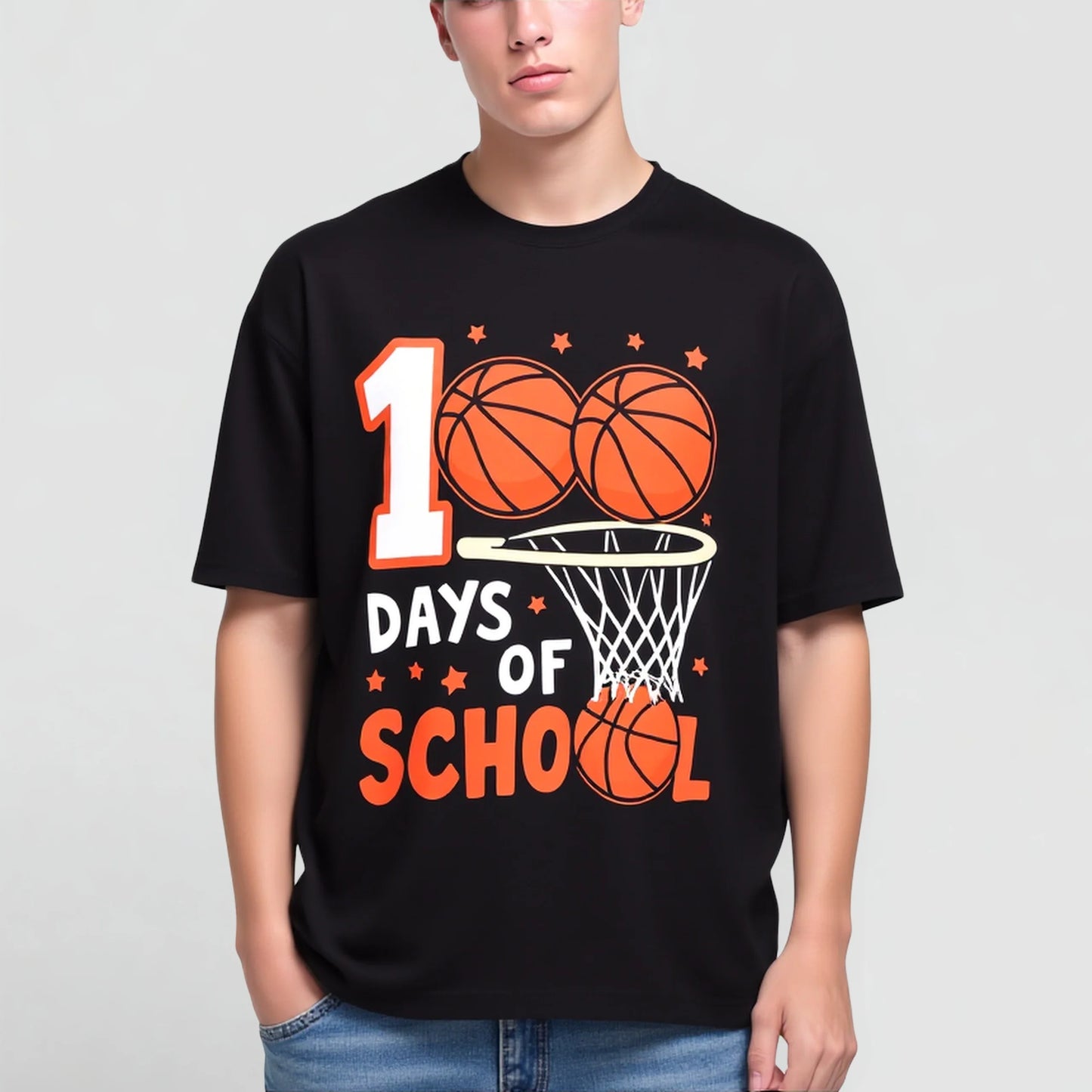 Black Short Sleeve T-Shirt with Basketball and 100 Days of School Print for School Events Graphic Tees Boutique