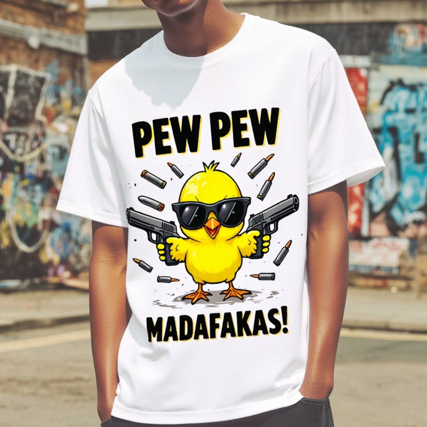 Fashion Graphic Tee For Summer Men's Casual T Shirt Funny Duck with Sunglasses and Guns Print for Streetwear
