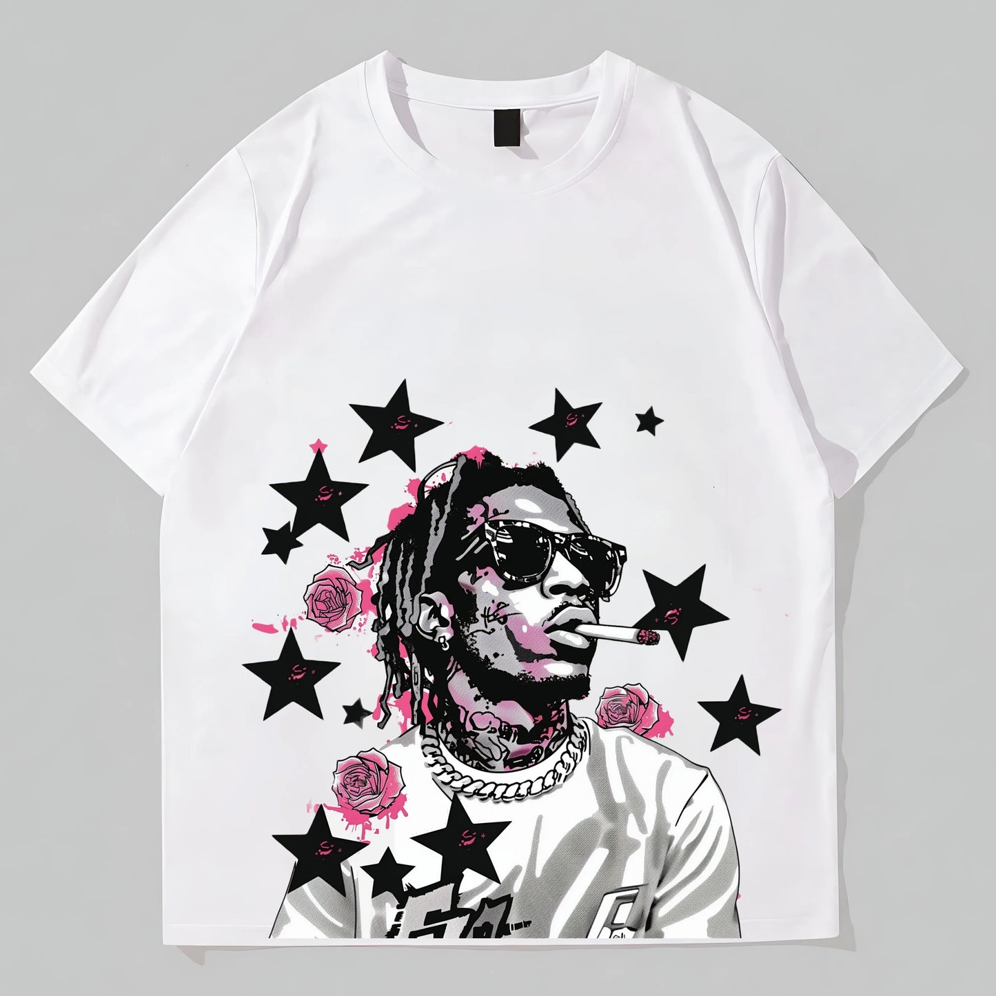 Men's Short Sleeve T-Shirt with Star and Floral Artwork Print for Casual Wear Graphic Tees Boutique