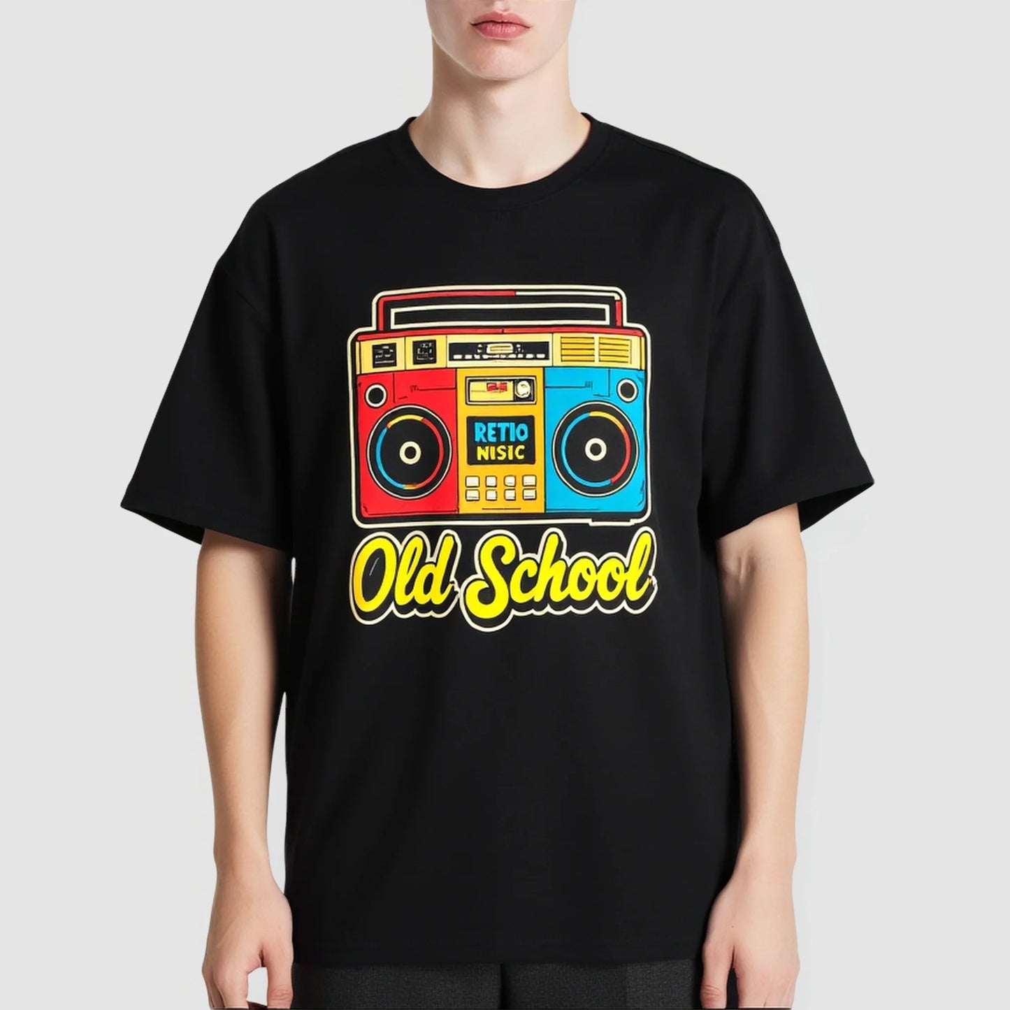 Black T-Shirt Retro Boombox Design Old School Text Casual Wear for Men Women Street Style Fashion Top Trendy Tees For Men