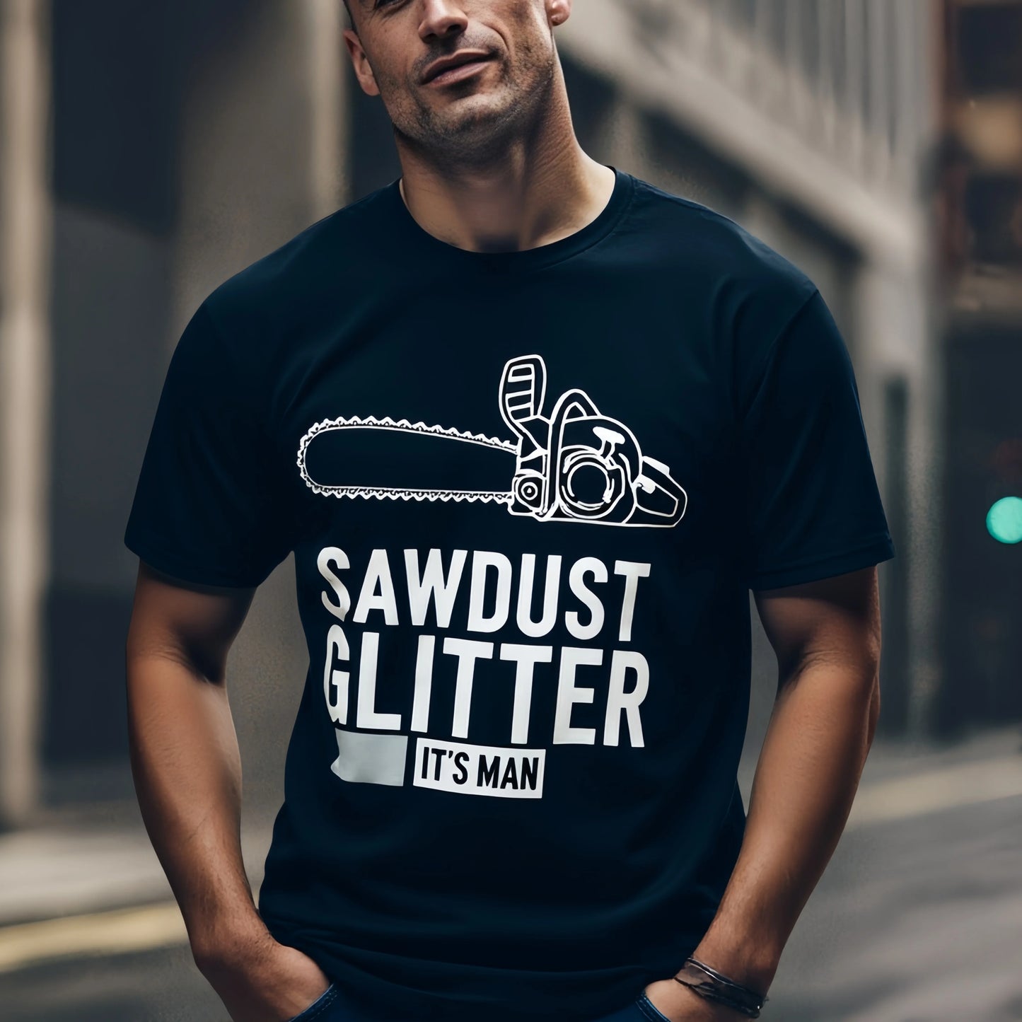 Fashion Graphic Tee For Summer Men's T Shirt Chainsaw Design SAWDUST GLITTER IT'S MAN Print for Outdoor Activities