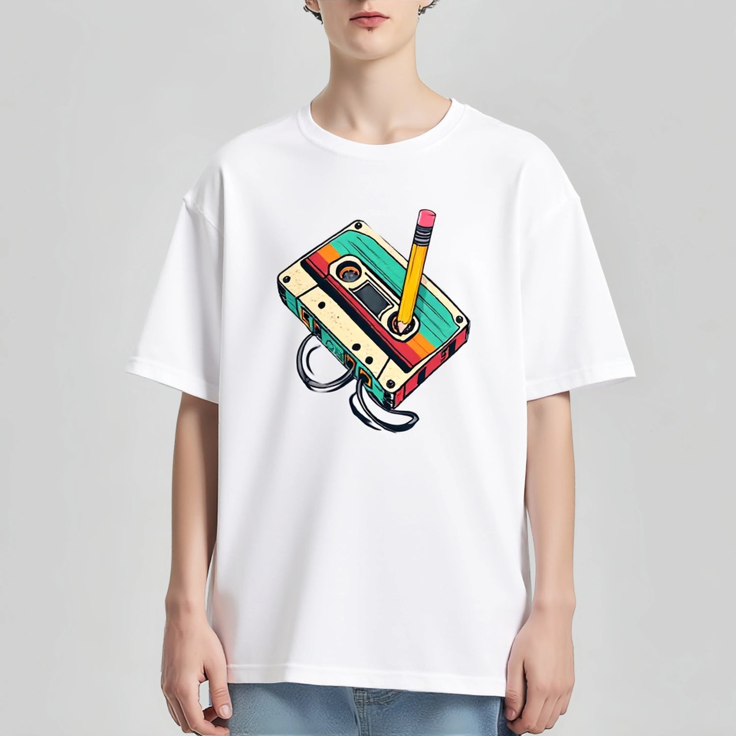 Casual Short Sleeve T-Shirt Colorful Cassette Tape Print Daily Wear Graphic Tees Boutique