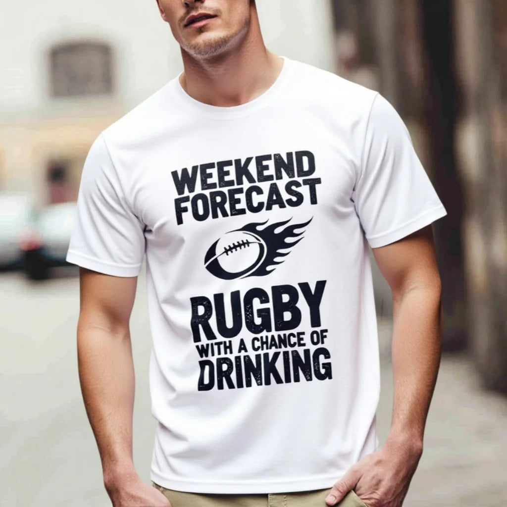 Fashion Graphic Tee Men's Casual T Shirt Weekend Forecast Rugby with a Chance of Drinking Print Sports Fan Tee for Outdoor Activities