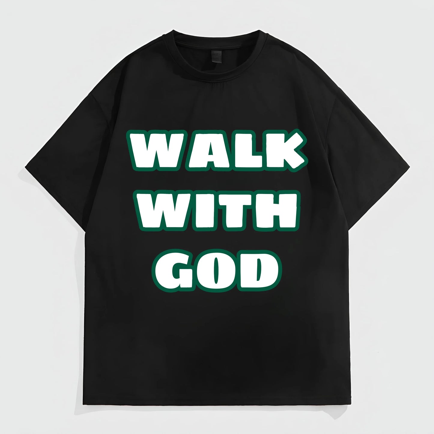 Black Short Sleeve T-Shirt with WALK WITH GOD Text Print for Casual Wear Graphic Tees Outfit