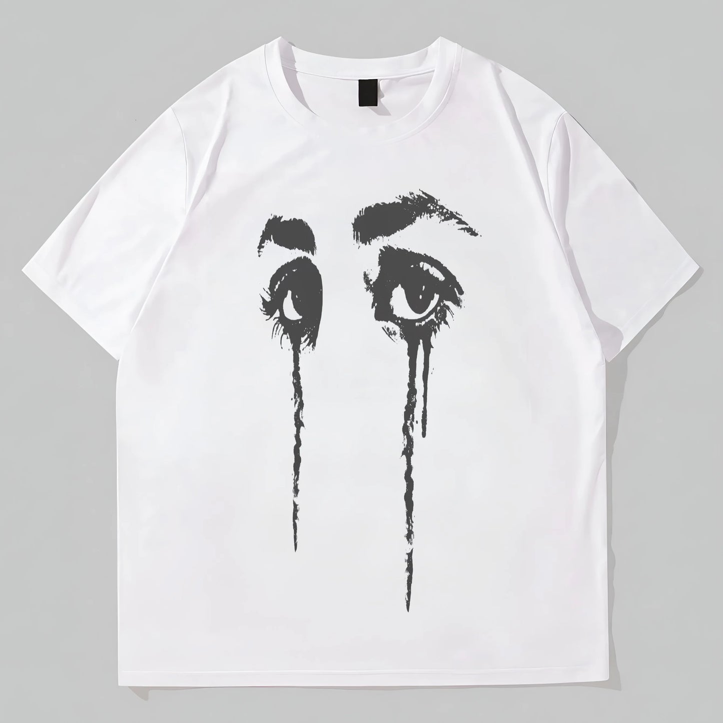 White Round Neck Short Sleeve T-Shirt with Creative Eye Tear Print for Casual Wear Graphic Tees Boutique