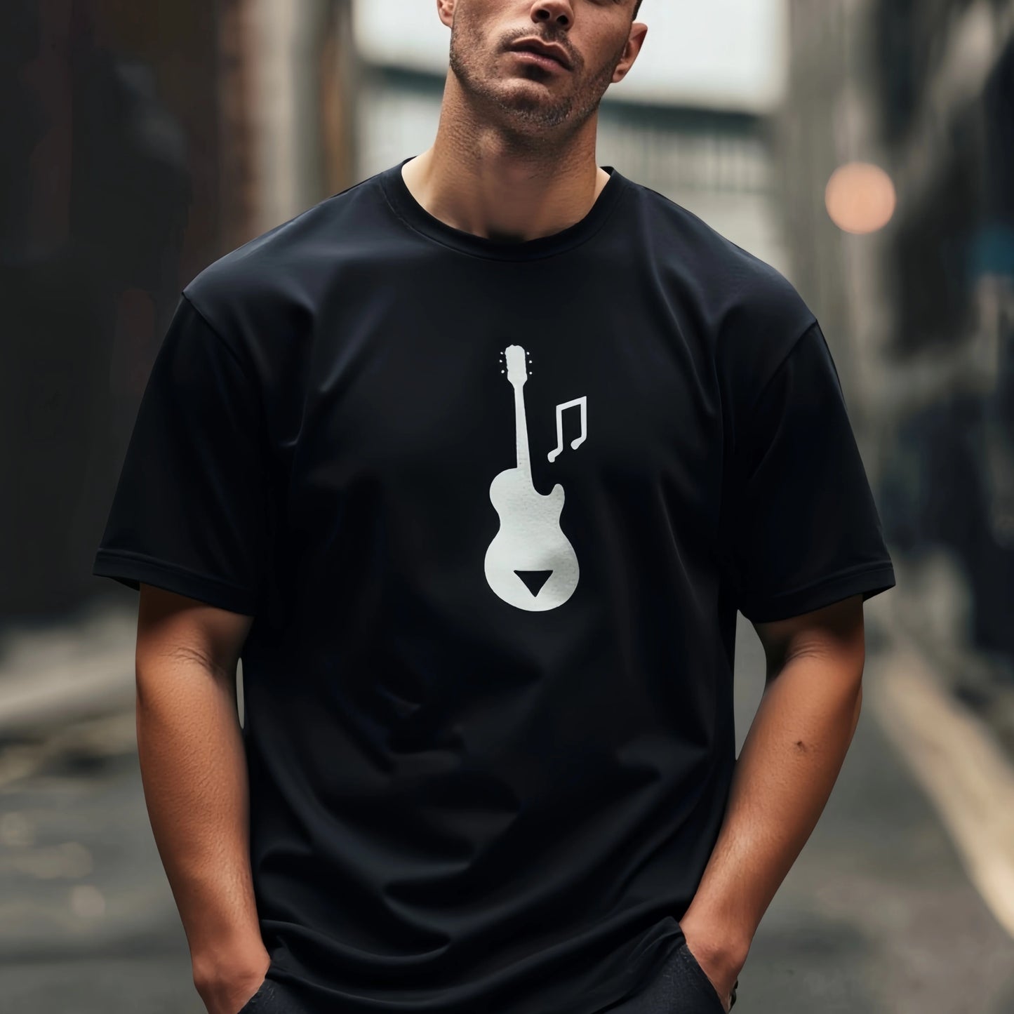Trendy Graphic Tee Men's Casual T Shirt Guitar Music Note Print Streetwear Daily Wear