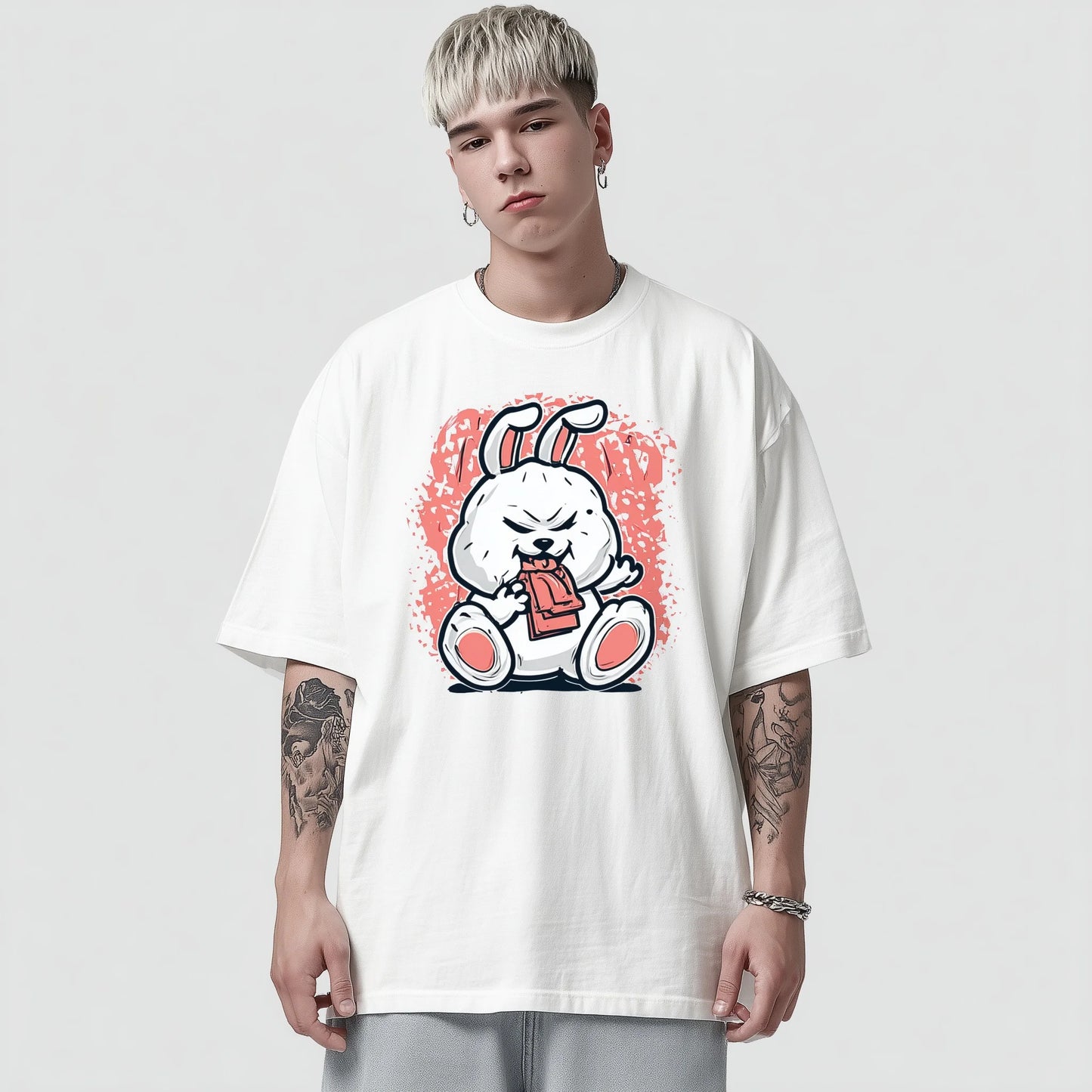 Trendy Tees For Man Crew Neck T-Shirt Cute Rabbit Eating Design Casual Wear for WoSummer Streetwear Fashion Top Tee Daily Outfit