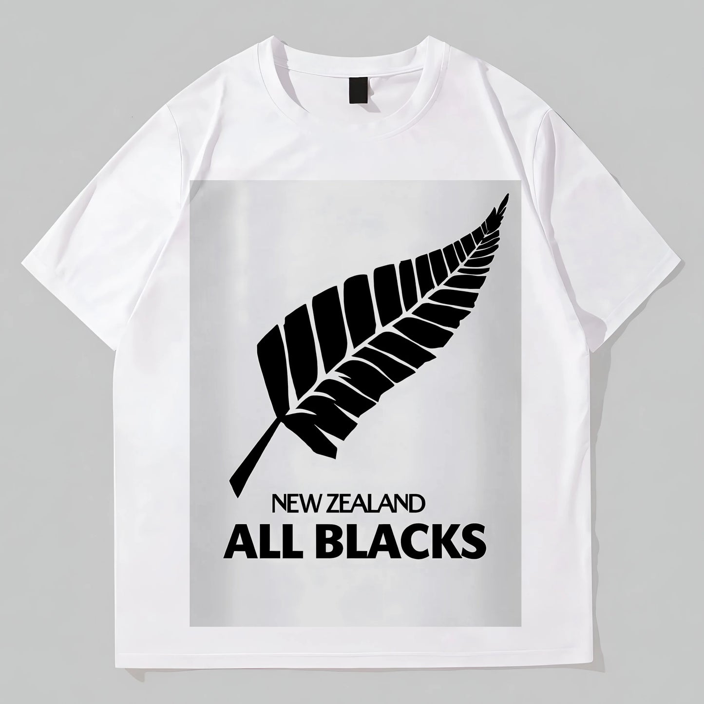 White T-Shirt with Silver Fern Leaf Print and Text for Sports Fans Graphic Fashion Tees For Man