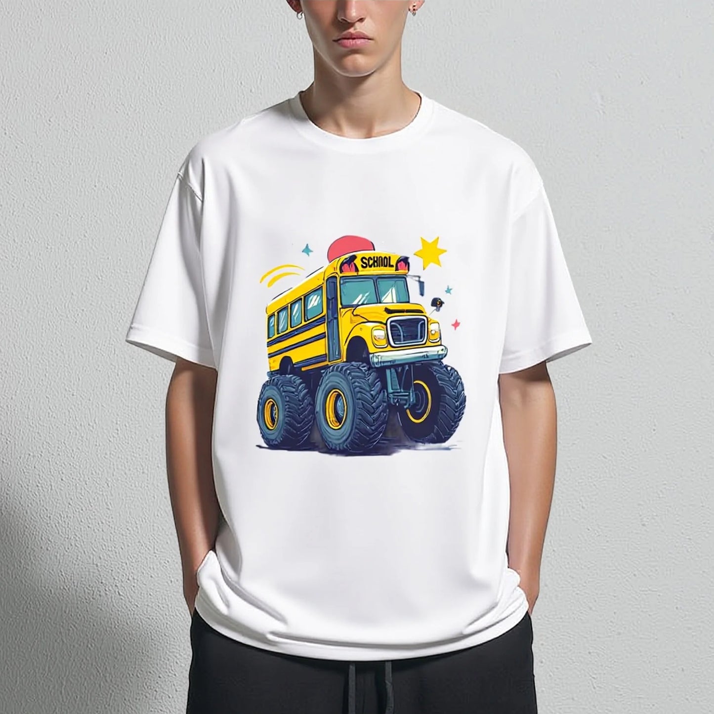 Men's Short Sleeve T-Shirt Cartoon School Bus Print Casual Daily Wear Graphic Tees Boutique
