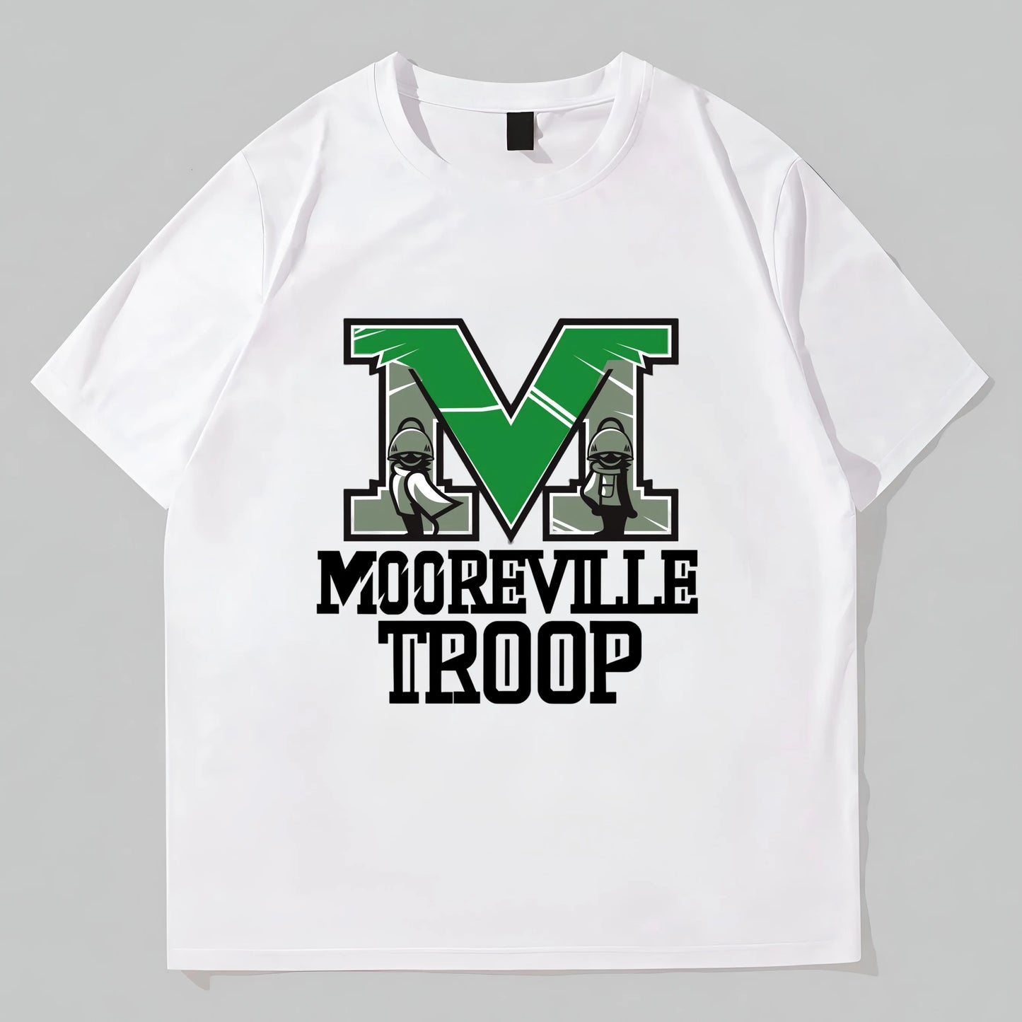 White T-Shirt with Green Letter M and Text MOOREVILLE TROOP Print for Outdoor Activities Trendy Tees Shirts