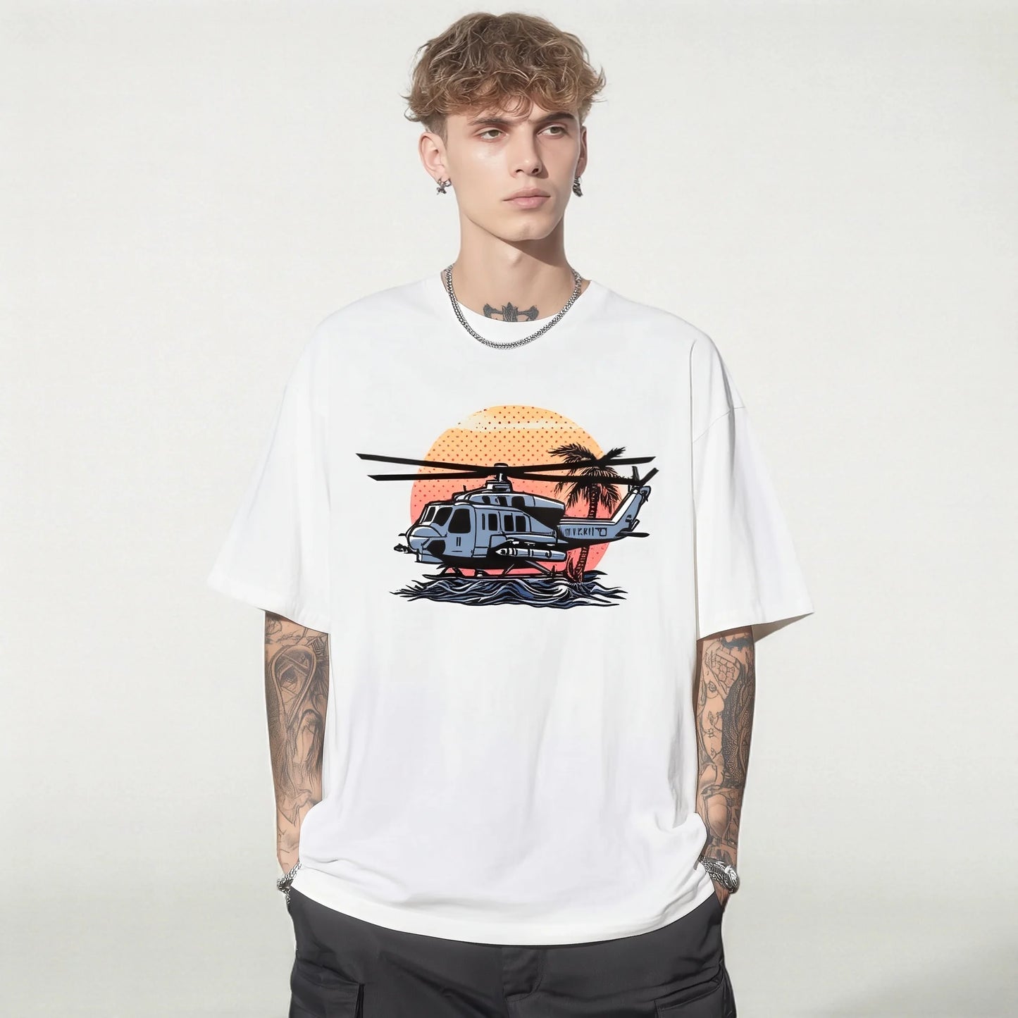 Trendy Tees For Man Short Sleeve T-Shirt Helicopter Sunset Graphic Print Casual Daily Wear