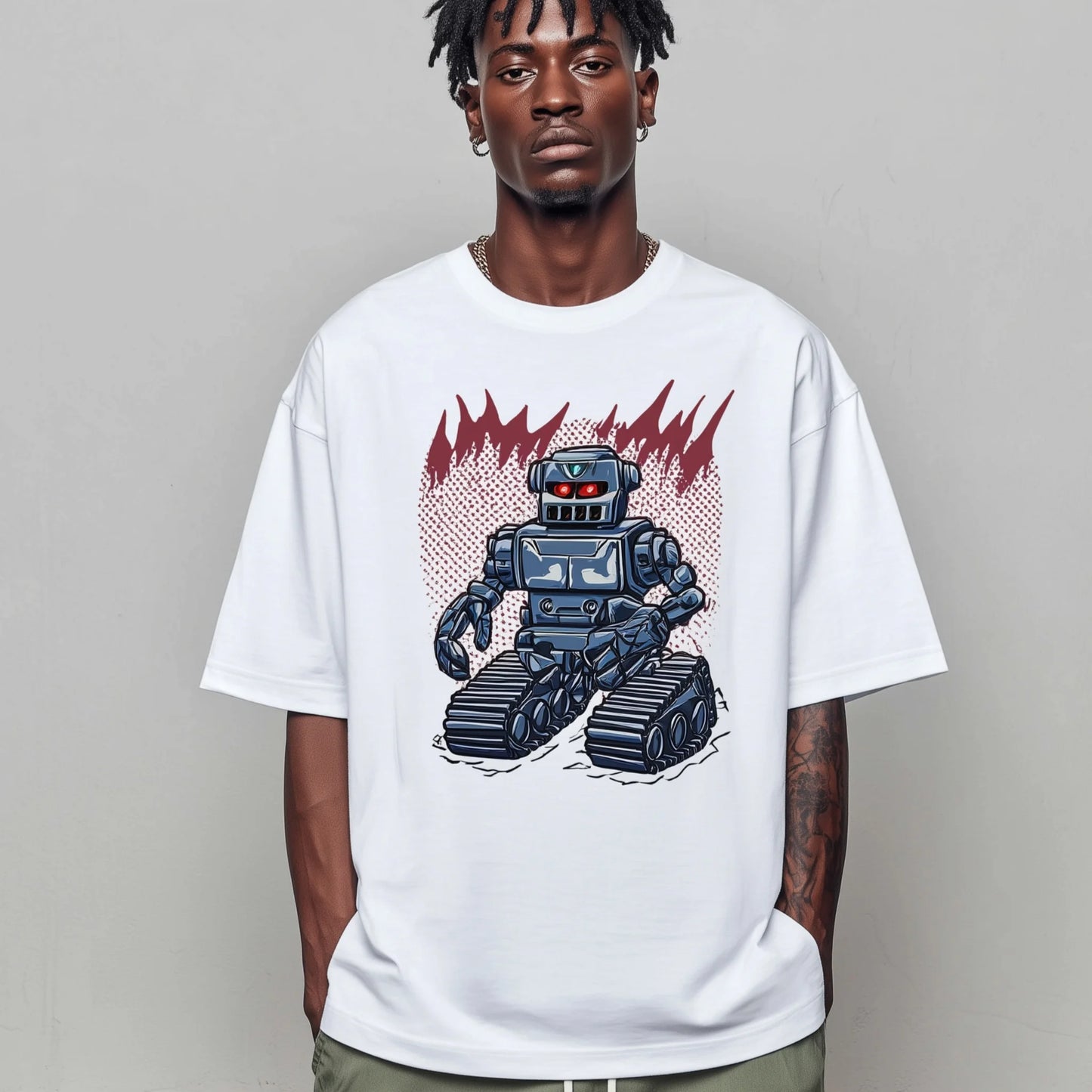 Trendy Tees For Man Casual T-Shirt Robot Warrior Graphic Print Daily Wear Streetwear Fashion Top