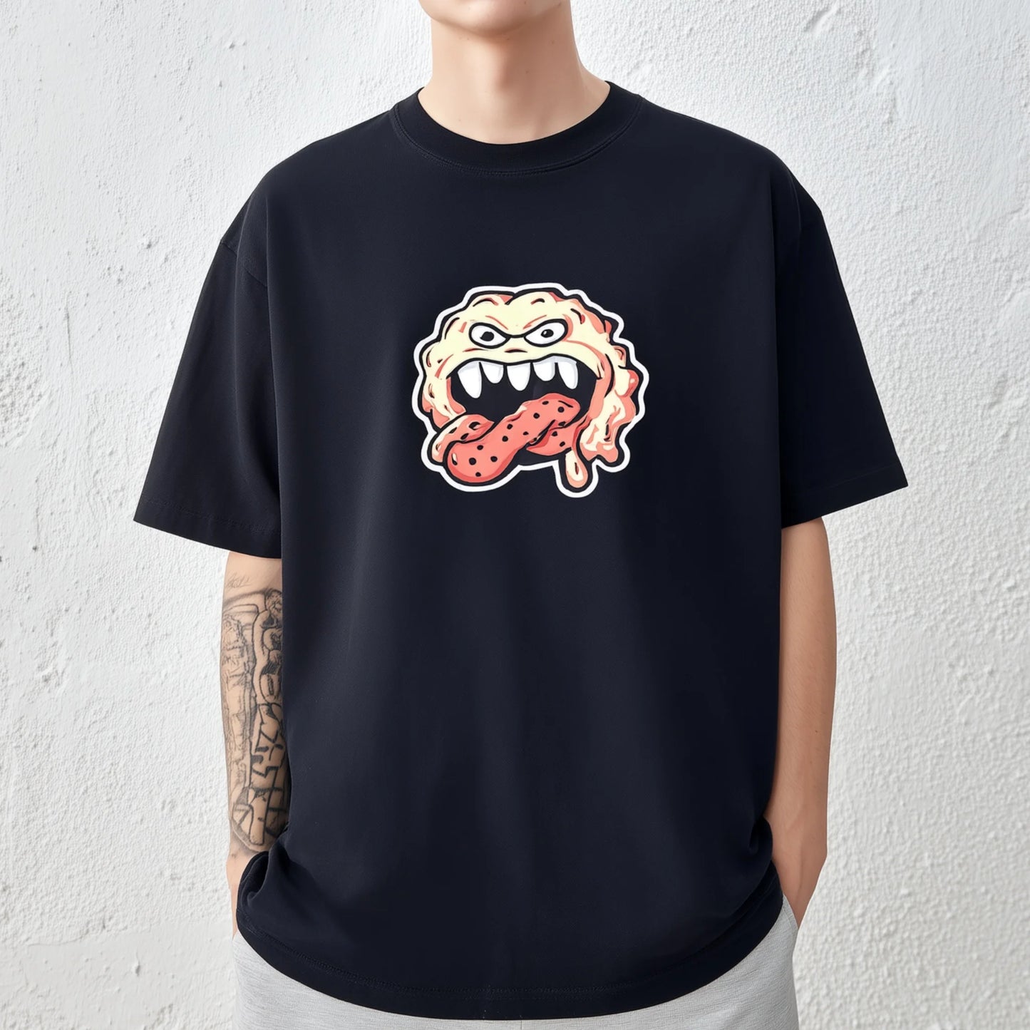 Trendy Tees For Man Casual T-Shirt Cartoon Monster Face Print Daily Wear
