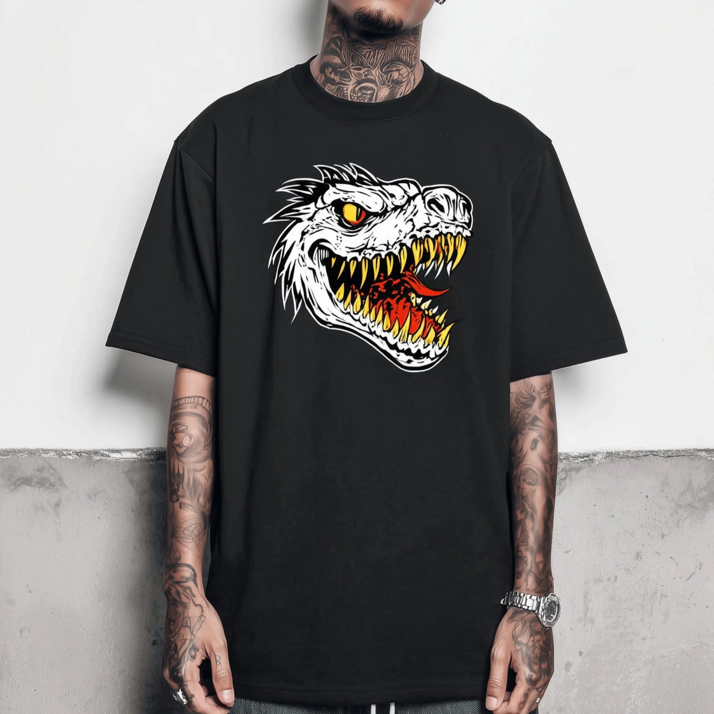 Trendy Tees For Man Short Sleeve T-Shirt Dragon Head Print Casual Streetwear