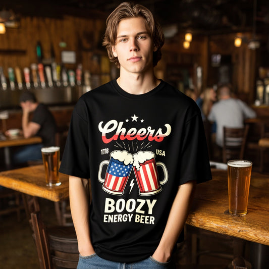 Men's Casual T Shirt Patriotic Flag and Lightning Bolt Design for Outdoor Activities Fashionable Graphic Tee for Men