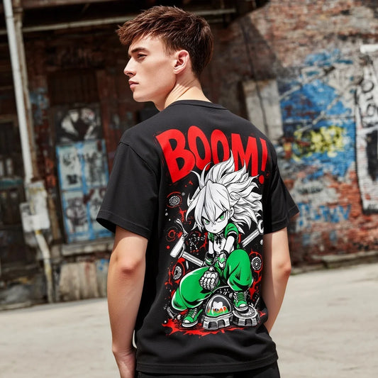 Men's Short Sleeve T Shirt Cartoon Character Print BOOM Text Design Casual Streetwear for Daily Wear Cotton Graphic Tee For Summer