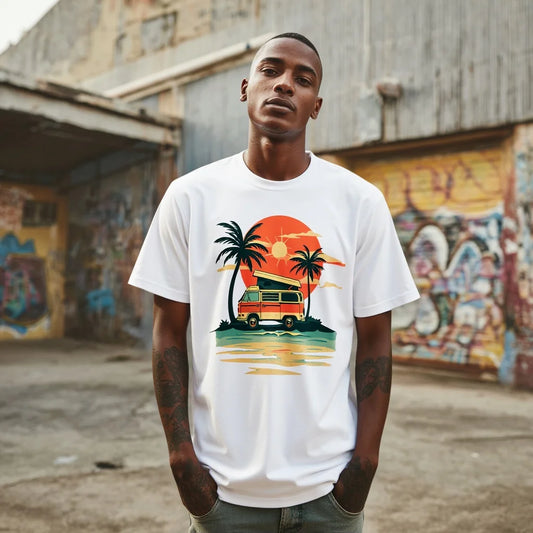 Men's Short Sleeve T Shirt | Tropical Sunset Van Print Casual Streetwear | Summer Beach Vacation Top | Trendy Graphic Tee 2025