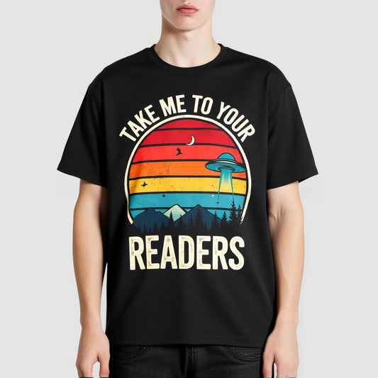 Black T-Shirt UFO Sunset Scene Take Me To Your Readers Print for Casual Wear Graphic Tees Boutique