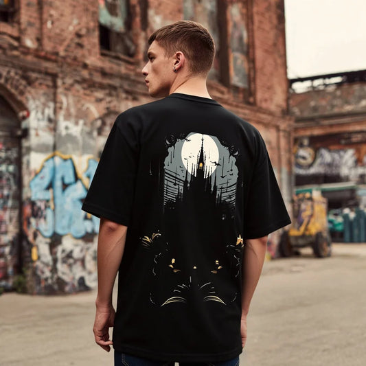 Men's Short Sleeve T Shirt Abstract Castle Moon Night Print Urban Streetwear Casual Daily Wear Trendy Graphic Tee 2025