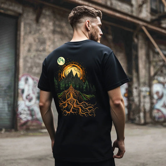 Men's Casual T Shirt with Mountain Forest and Tree Roots Print | Tops for Outdoor Activities | Trendy Graphic Tee 2025