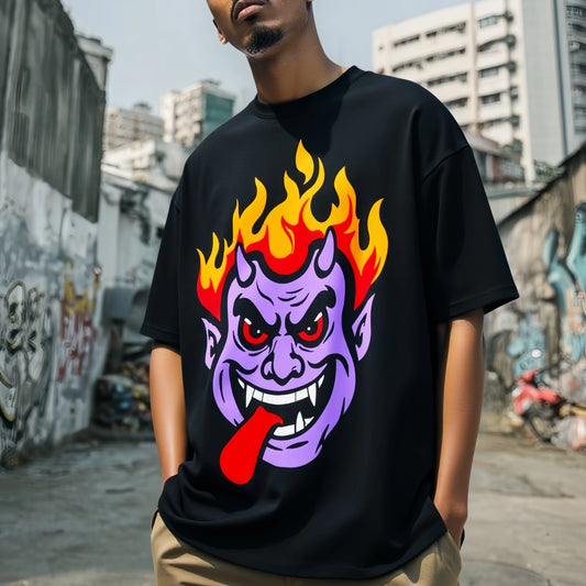 Men's Casual T Shirt with Fiery Devil Face Print for Streetwear Cotton Graphic Tee For Summer