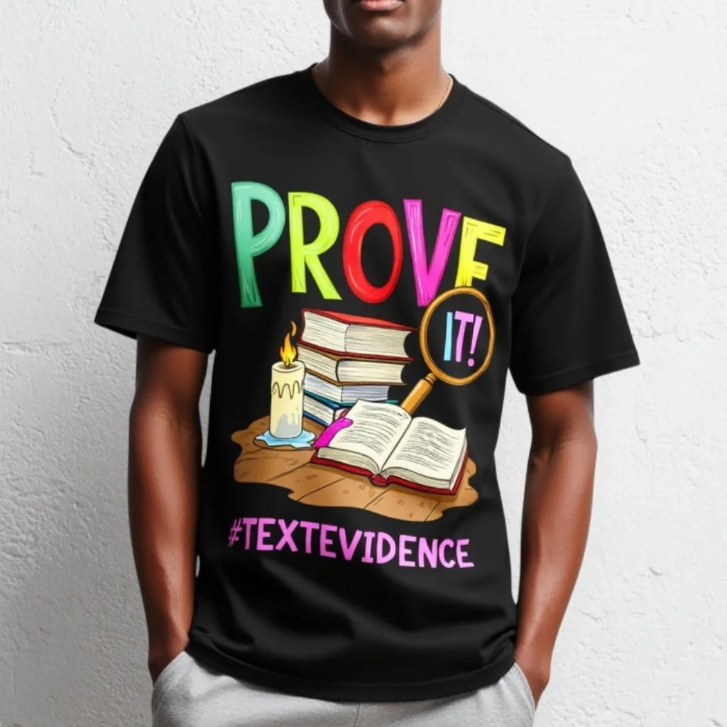 Black T Shirt with Colorful PROVE IT Text and Book Stack Design for School and Study Activities Graphic Tee For Summer 2025