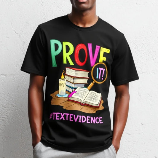 Black T Shirt with Colorful PROVE IT Text and Book Stack Design for School and Study Activities Graphic Tee For Summer 2025