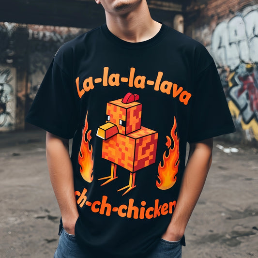 Black T Shirt Cartoon Pixel Chicken with Flame Print Casual Streetwear for Men Women Daily Wear Cotton Graphic Tee For Summer