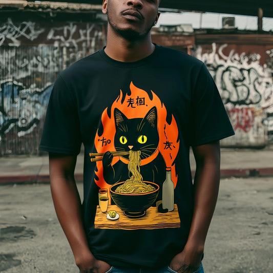 Streetwear Printed Graphic Tee Men's T Shirt Cute Cat Eating Noodles with Chopsticks Print Casual Streetwear Graphic Tee for Daily Wear Cotton Clothes For Men