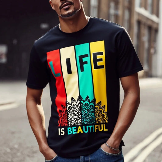 Graphic Tees Boutique Men's Casual T Shirt Colorful Stripes and Inspirational Text Print Suitable for Daily Wear and Outdoor Activities