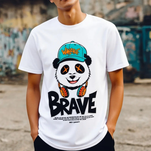 Fashion Graphic Tee Men's Casual T Shirt Cute Panda Graphic with BRAVE Text for Outdoor Activities