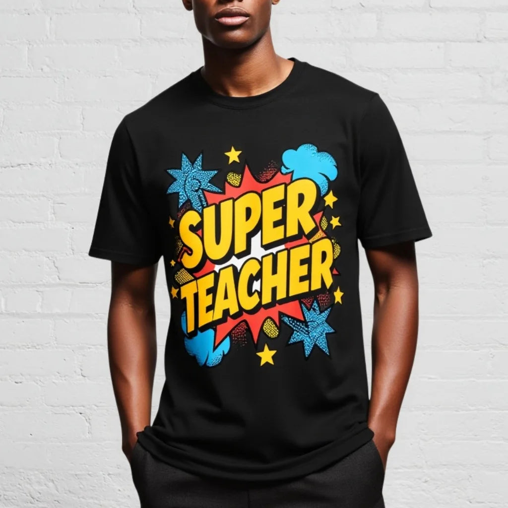 Black T Shirt with Colorful Super Teacher Design for School Events Graphic Tee For Summer 2025