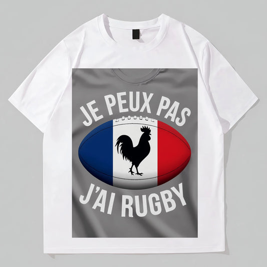 White T-Shirt with French Flag Rooster Rugby Ball Print for Sports Fans Graphic Fashion Tees For Man