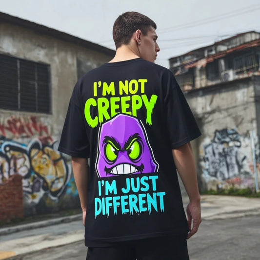 Men's Casual T Shirt with Cartoon Monster Print and I'M NOT CREEPY I'M JUST DIFFERENT Text for Streetwear Fashion Trendy Streetwear Printed Tshirt