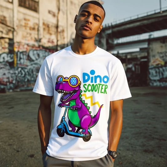 Graphic Tee Design Casual T Shirt with Dinosaur Riding Scooter Print for Outdoor Activities