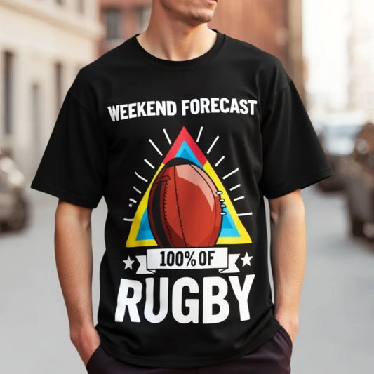 Fashion Graphic Tee Men's Casual T Shirt Weekend Forecast Rugby Ball Print Sports Fan Outfit