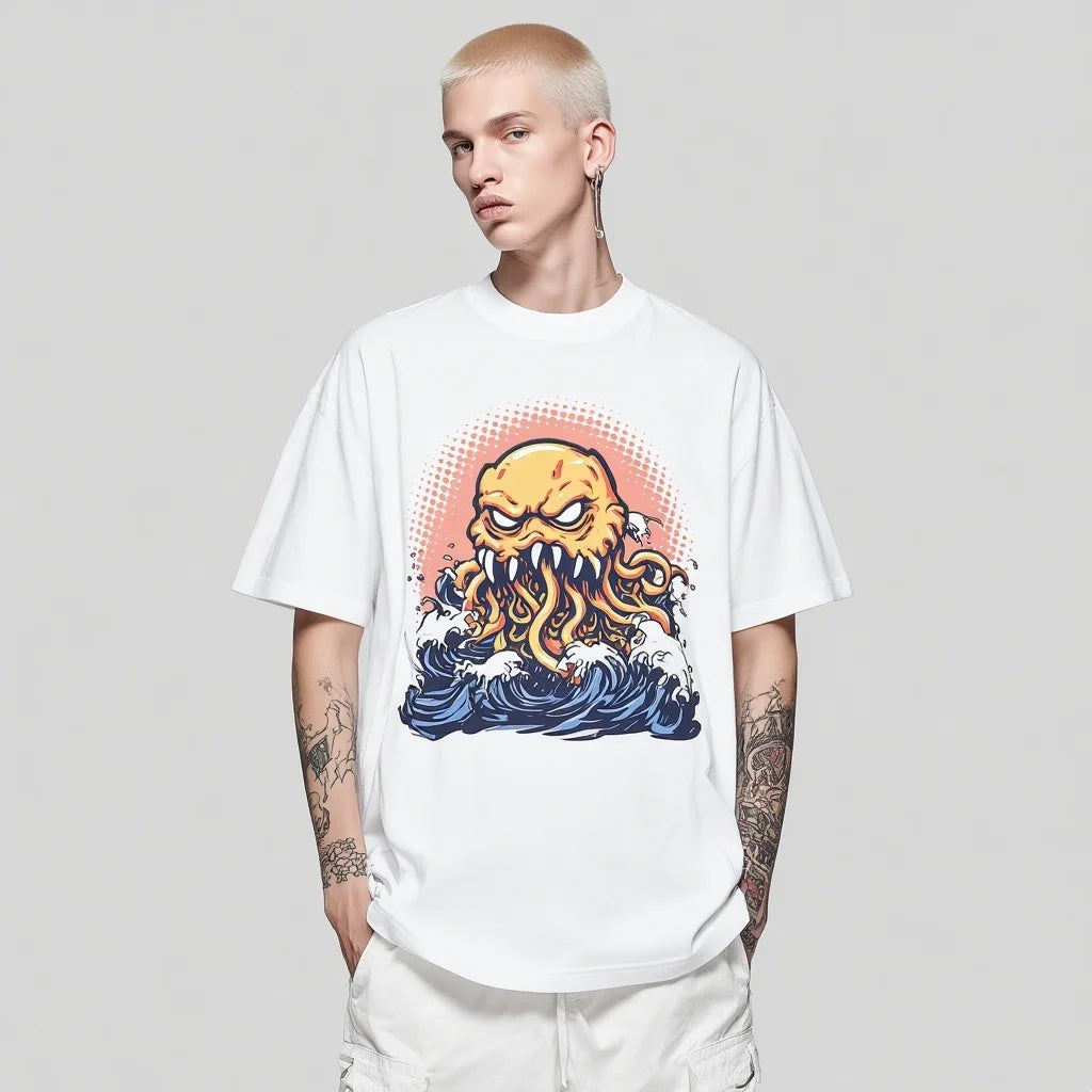 Trendy Tees For Man Casual T-Shirt Octopus Wave Graphic Print Summer Beachwear