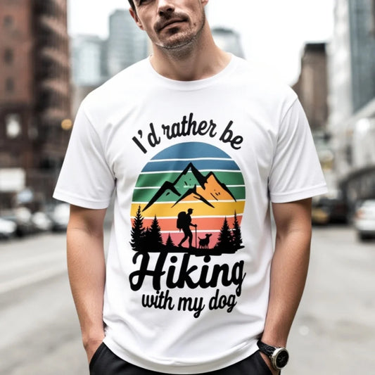Graphic Tees Design Men's T Shirt Vintage Mountain Hiking Graphic Tee I'd rather be Hiking with my dog Outdoor Adventure Tee for Travel