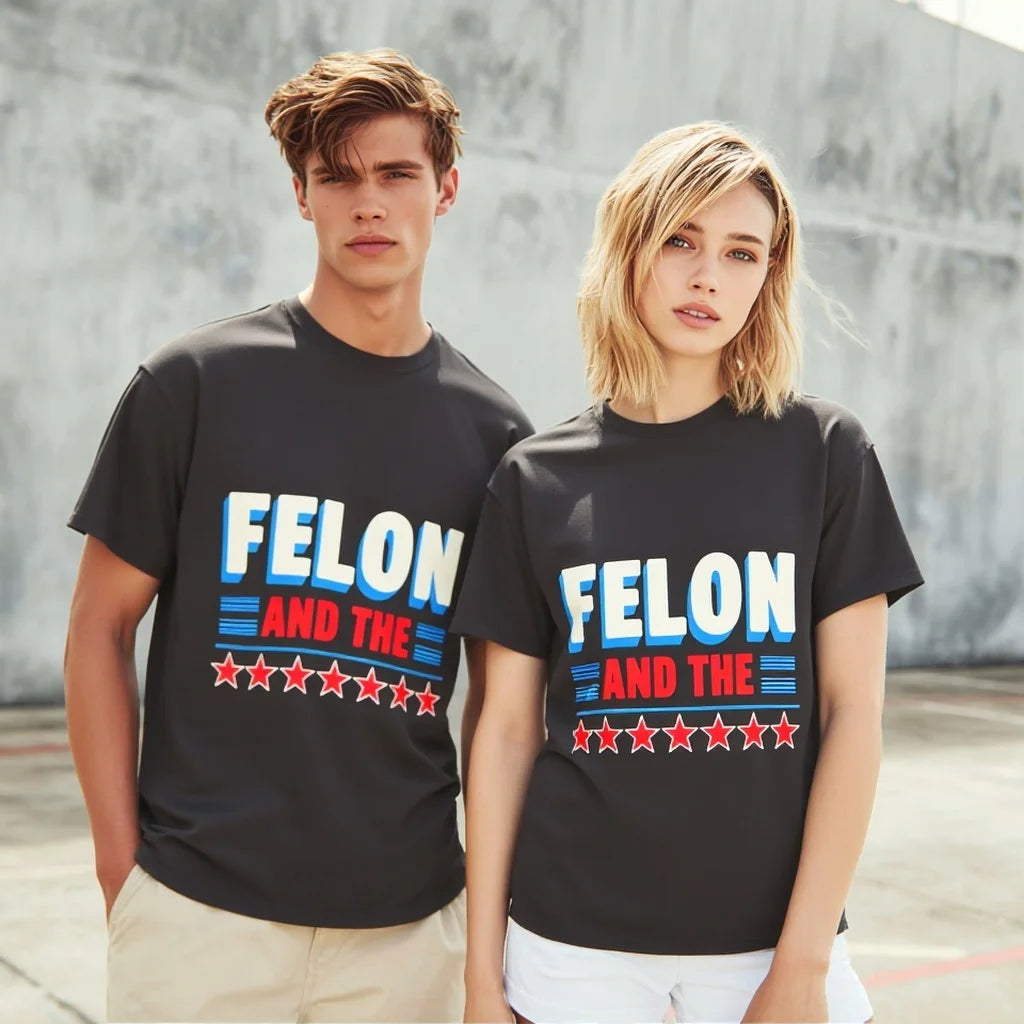 Men's and Women's Casual T Shirt with FELON AND THE Text and Star Pattern Design for Daily Wear and Street Style Trendy Graphic Tee 2025