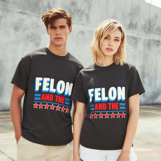 Men's and Women's Casual T Shirt with FELON AND THE Text and Star Pattern Design for Daily Wear and Street Style Trendy Graphic Tee 2025