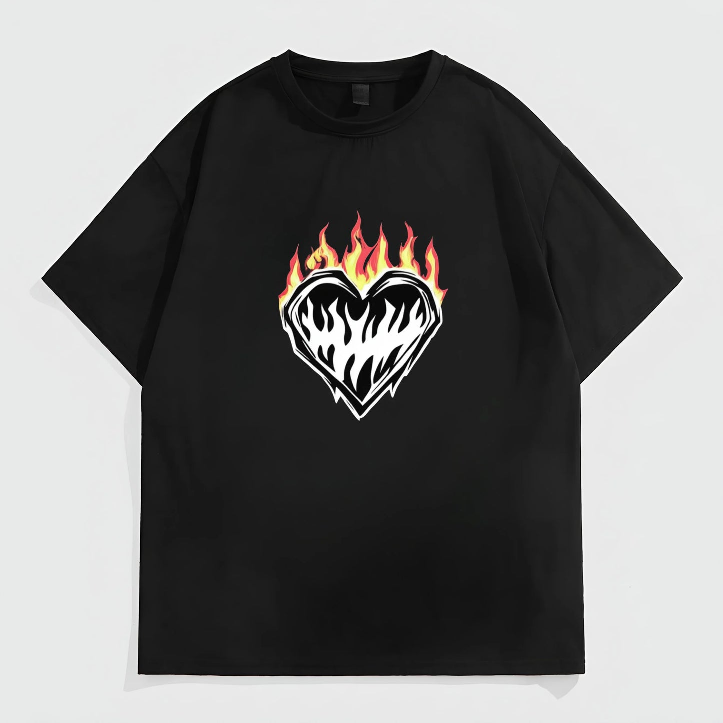 Trendy T-Shirt For Man Black Short Sleeve T-Shirt with Flame Heart Print for Casual Wear