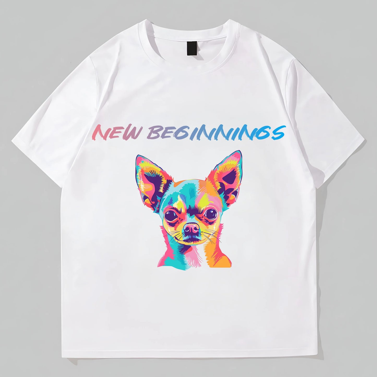 Round Neck T-Shirt Colorful Dog Print with NEW BEGINNINGS Text Casual Wear for Daily Use Trendy Tees For Men