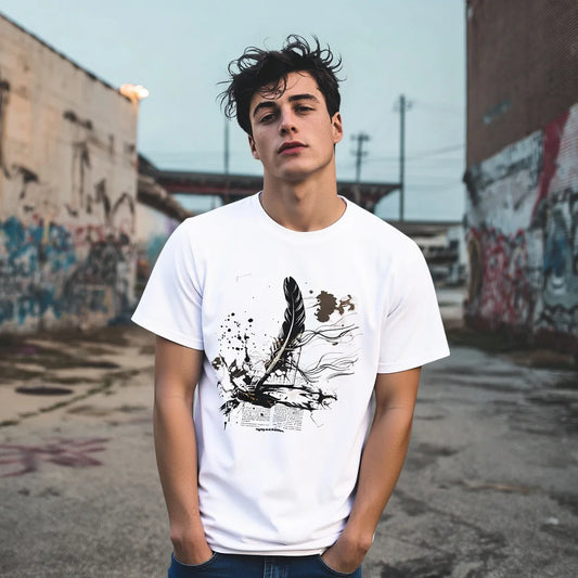 Men's Casual T Shirt Abstract Feather Print Urban Streetwear Trendy Graphic Tee 2025