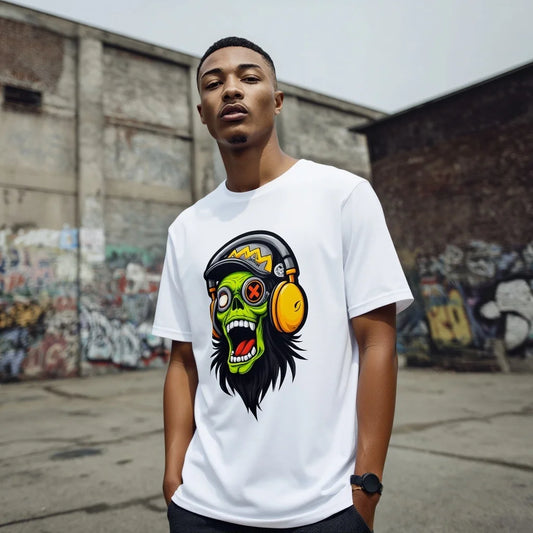 Graphic Tee Design Men's Casual T Shirt with Monster Headphone Print for Streetwear